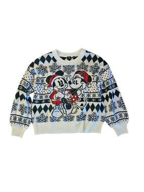 Disney Crewneck Mickey and Minnie Holiday Sweater in White, Green & Red Sz Med